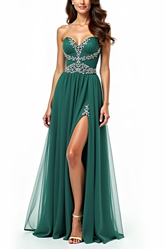Beaded A Line Dark Green Sweetheart Long Prom Dress with Slit