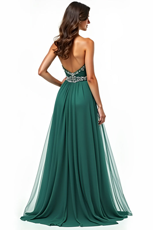 Beaded A Line Dark Green Sweetheart Long Prom Dress with Slit