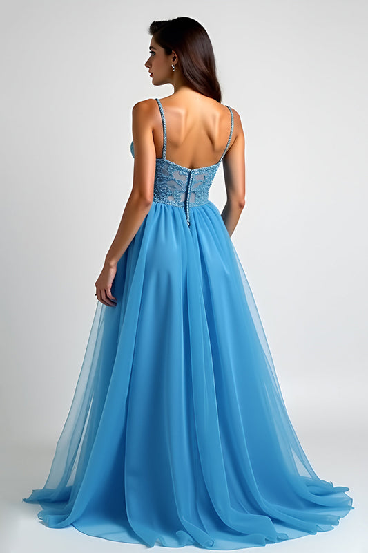 Appliqued Light Blue A Line Ruched Long Prom Dress with Slit