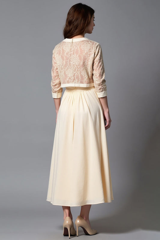 A Line Champagne Half Sleeve Tea-Length Mother of the Bride Dress