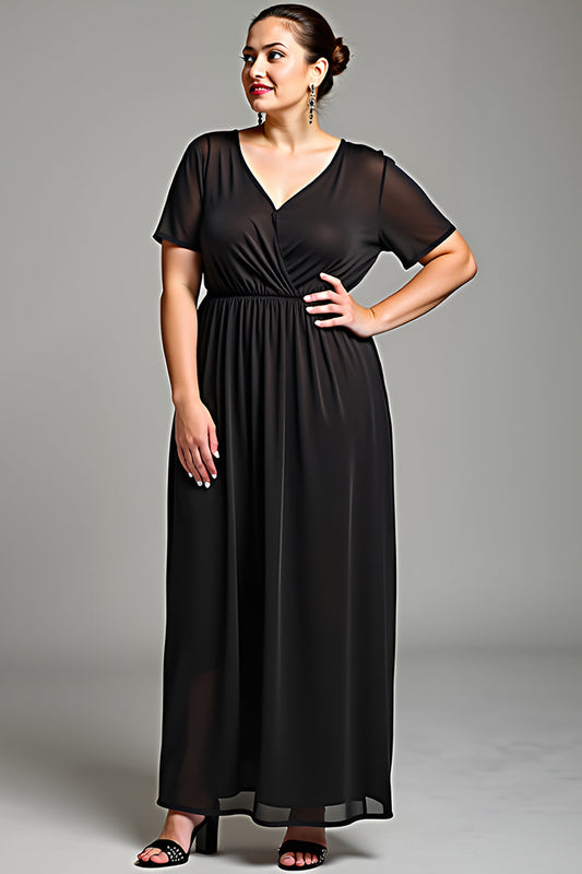 V-Neck Black Chiffon Plus Size Mother of the Bride Dress with Short Sleeves