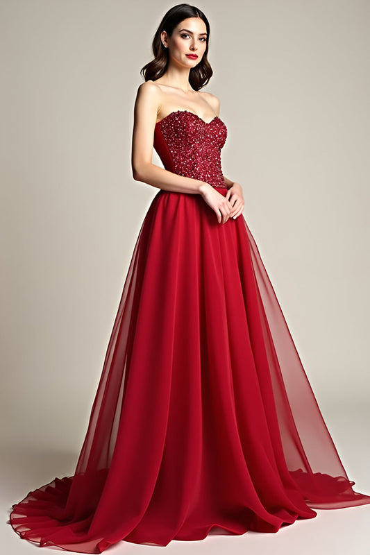 Beaded Burgundy A Line Tulle Strapless Long Prom Dress