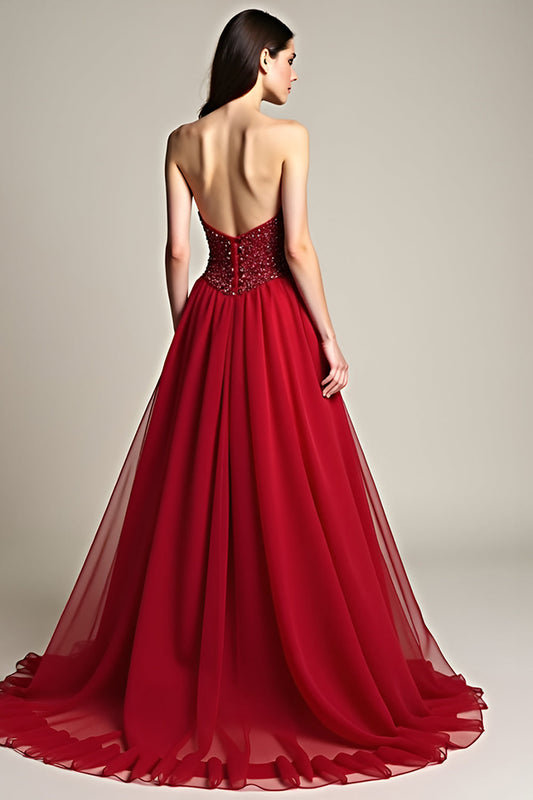 Beaded Burgundy A Line Tulle Strapless Long Prom Dress