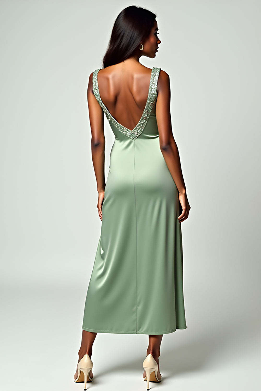Column Dusty Sage Backless Tea-Length Formal Dress with Beading Column Dusty Sage Backless Tea-Length Formal Dress with Beading