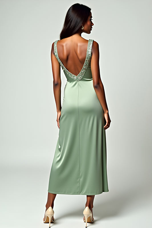 Column Dusty Sage Backless Tea-Length Formal Dress with Beading