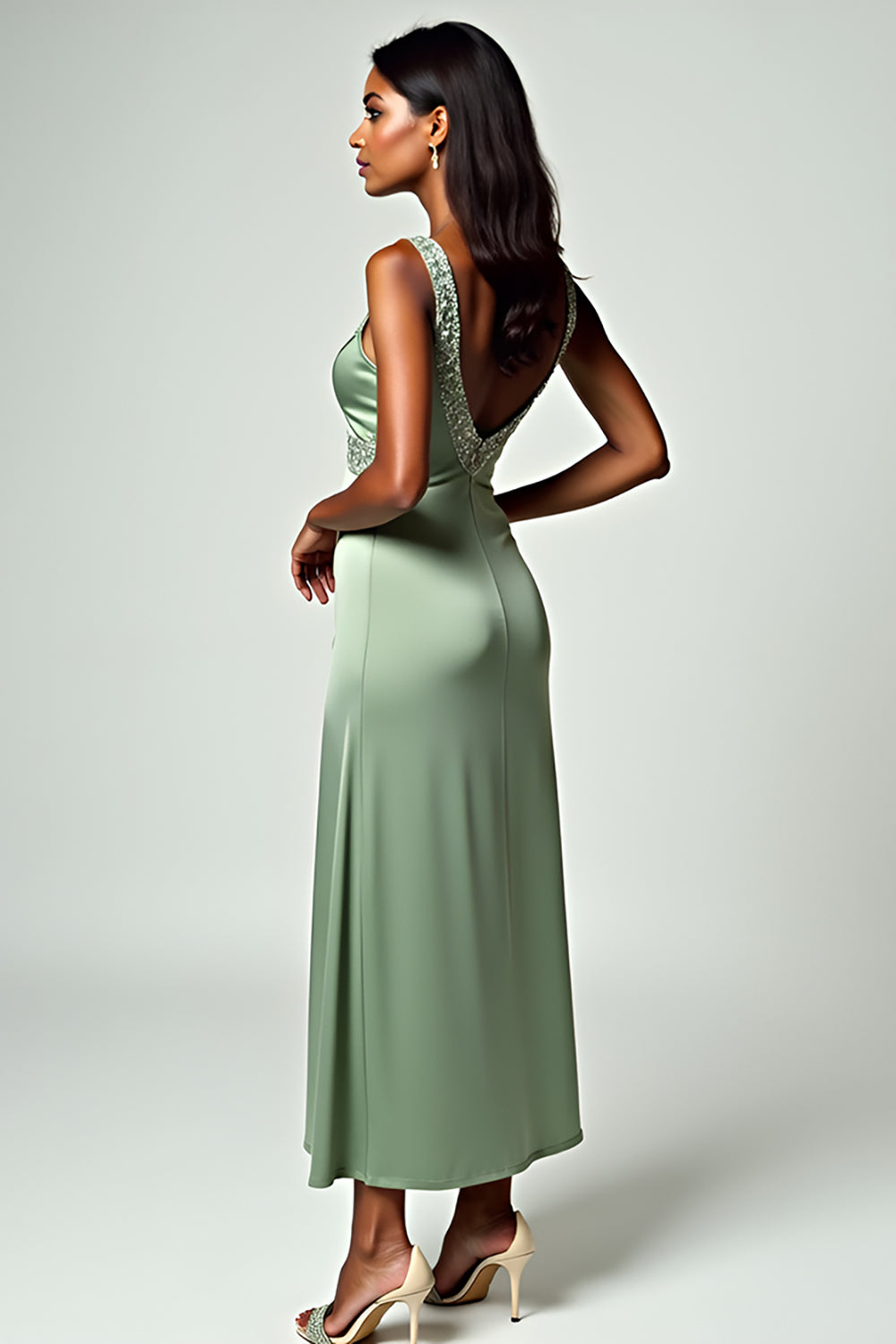 Column Dusty Sage Backless Tea-Length Formal Dress with Beading Column Dusty Sage Backless Tea-Length Formal Dress with Beading