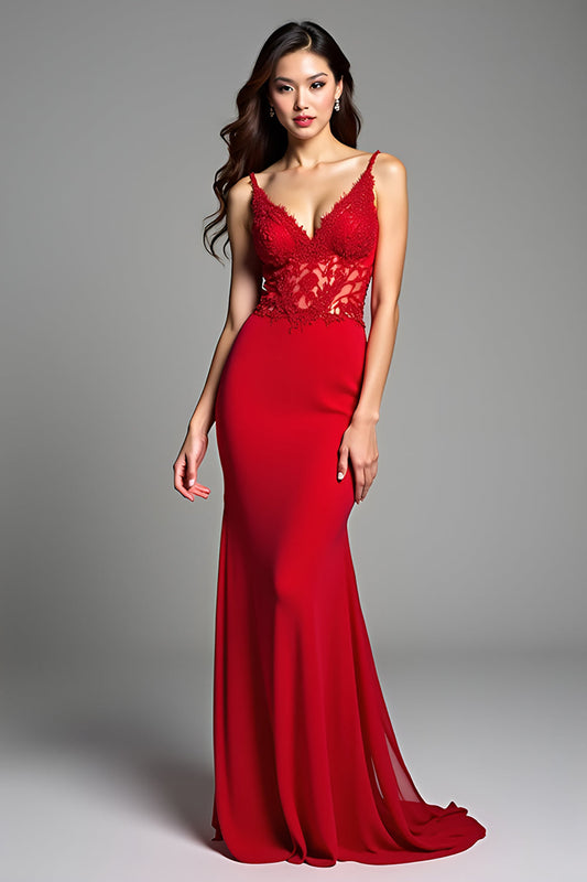 Appliqued Red Mermaid V-Neck Long Prom Dress with Slit