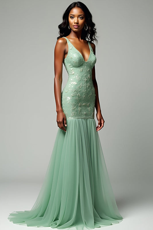 Mermaid Dusty Sage Tulle Backless Long Prom Dress