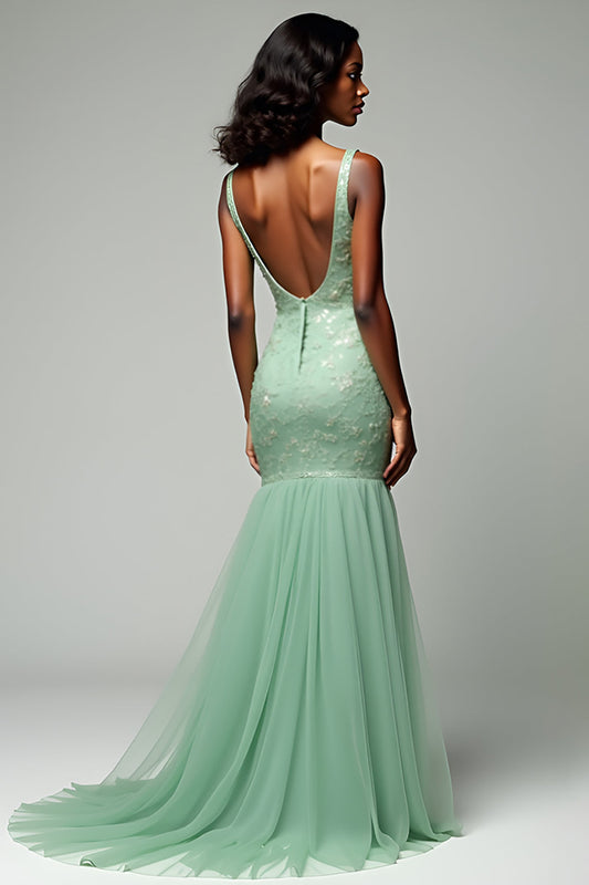 Mermaid Dusty Sage Tulle Backless Long Prom Dress