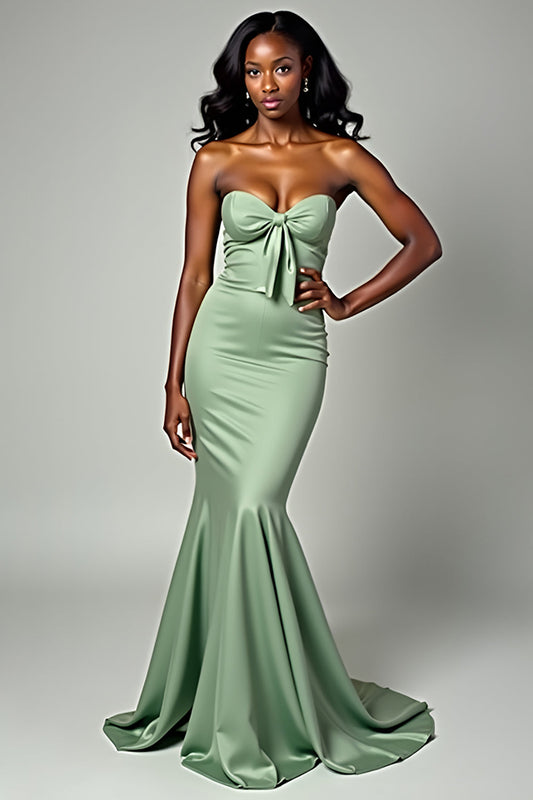 Mermaid Dusty Sage Strapless Satin Long Prom Dress with Bowknot