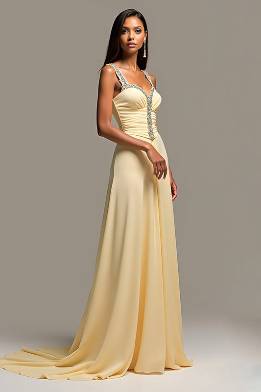 Daffodil Backless Sweep Train Long Prom Dress with Beading