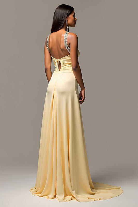 Daffodil Backless Sweep Train Long Prom Dress with Beading
