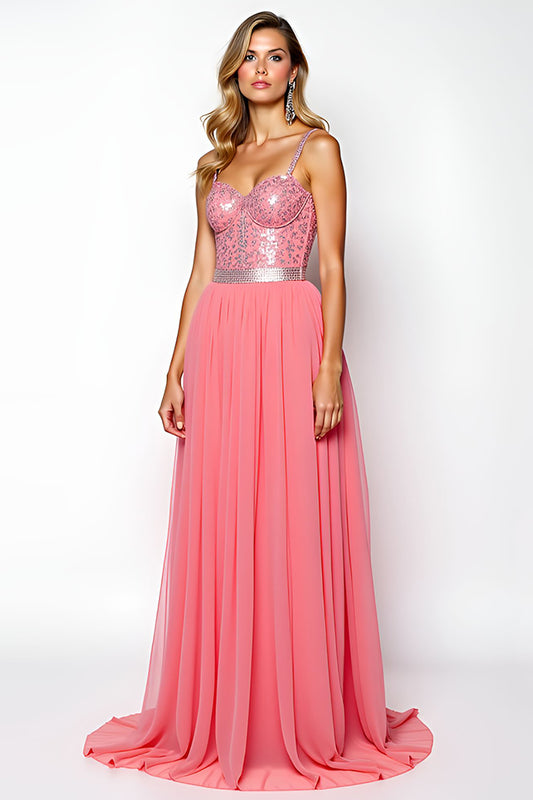 A Line Watermelon Chiffon Backless Long Prom Dress
