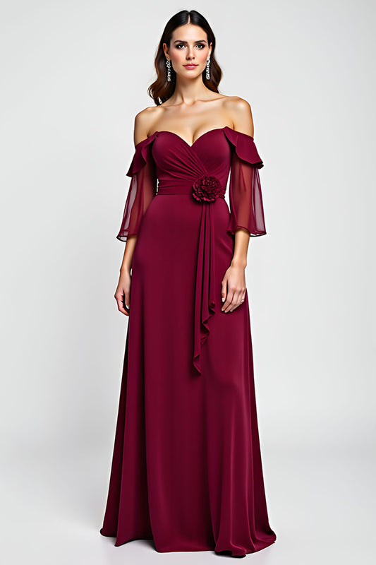 Off the Shoulder Burgundy Floral Mother of the Bride Dress