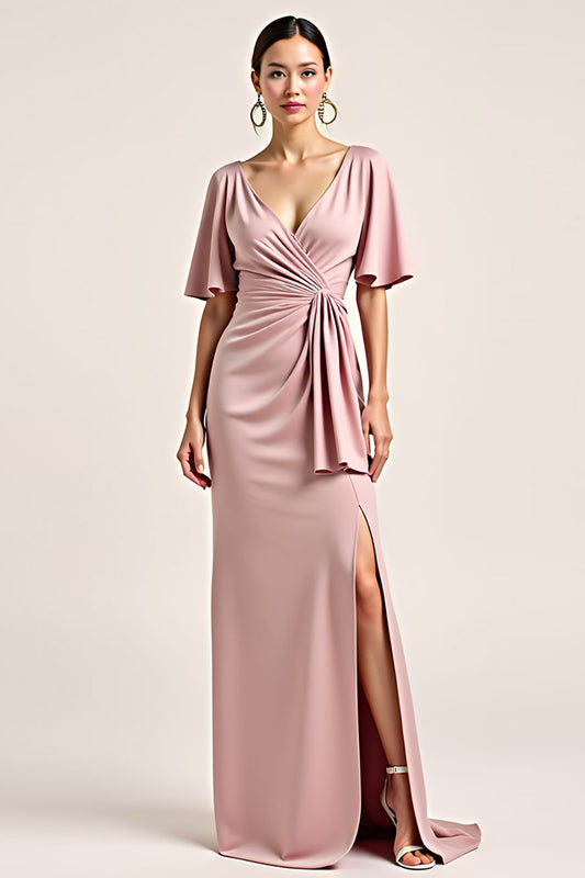 Dusty Rose Short Sleeves Sheath Long Bridesmaid Dress with Slit