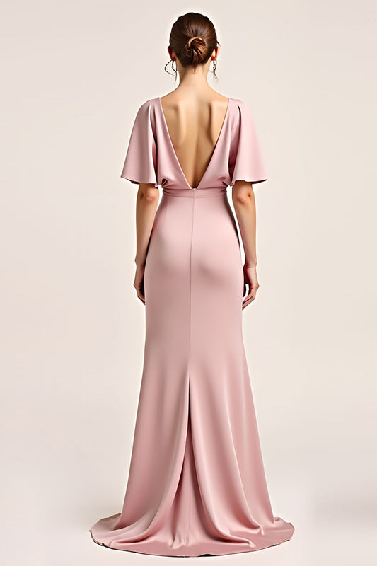 Dusty Rose Short Sleeves Sheath Long Bridesmaid Dress with Slit
