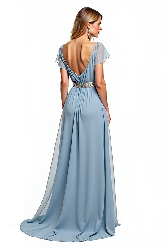 Dusty Blue A Line V-Neck Long Wedding Guest Dress with Short Sleeves