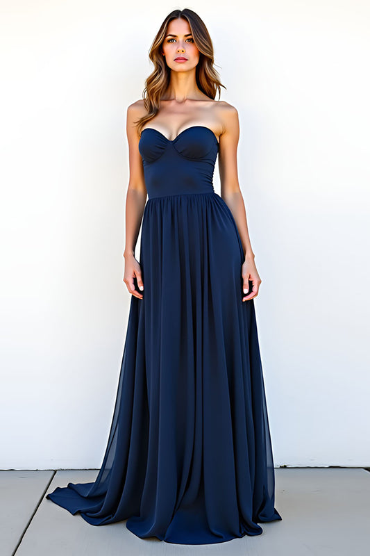 Sweetheart Navy A Line Ruched Long Wedding Guest Dress