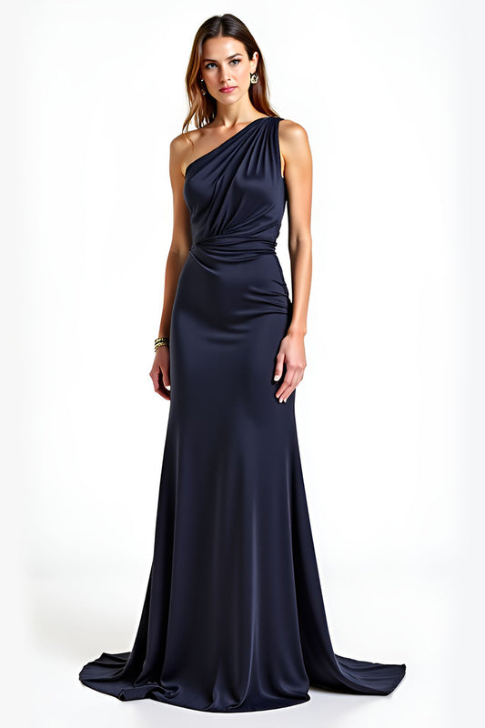 Navy One Shoulder Sheath Long Formal Dress