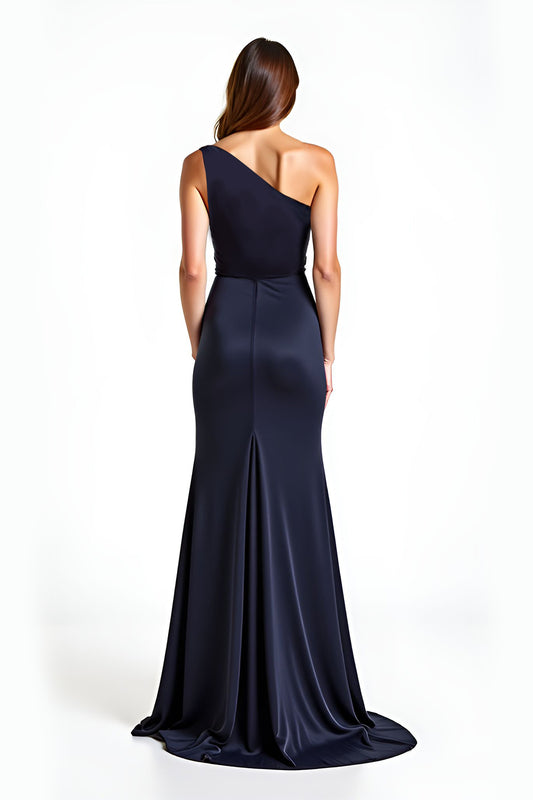 Navy One Shoulder Sheath Long Formal Dress