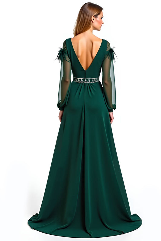 A Line Pine V-Neck Long Mother of the Bride Dress with Feather