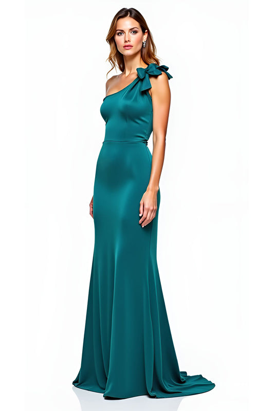 One Shoulder Peacock Bow Long Formal Dress