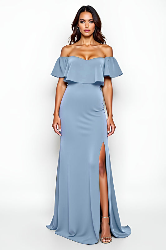 Sheath Dusty Blue Off the Shoulder Long Bridesmaid Dress with Slit