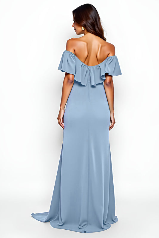 Sheath Dusty Blue Off the Shoulder Long Bridesmaid Dress with Slit