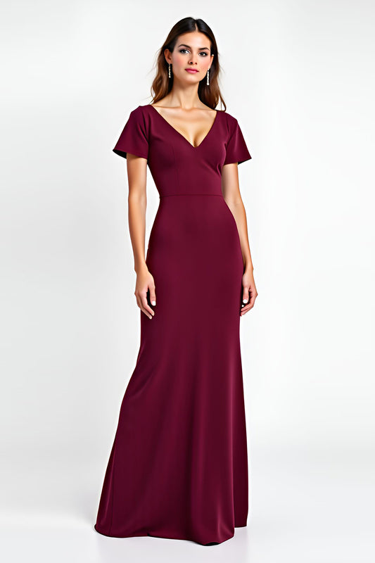 Burgundy V-Neck Short Sleeves Long Formal Dress