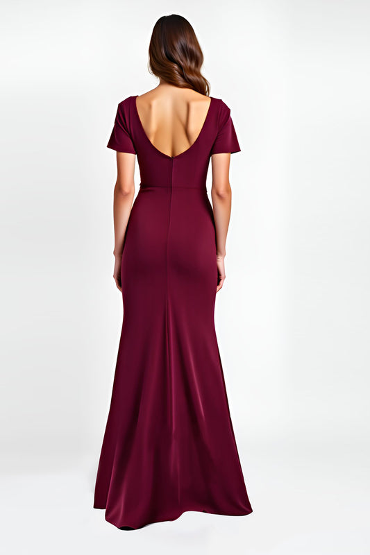 Burgundy V-Neck Short Sleeves Long Formal Dress