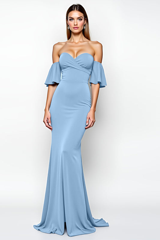 Dusty Blue Ruffled Sheath Long Formal Dress