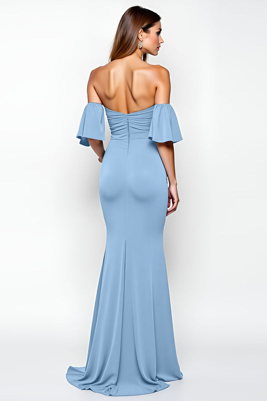 Dusty Blue Ruffled Sheath Long Formal Dress