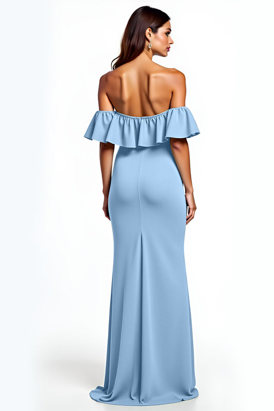 Dusty Blue Off the Shoulder Ruffled Long Wedding Guest Dress with Slit