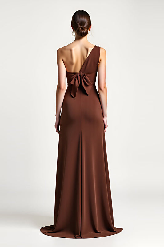 Brown Sheath One Shoulder Long Formal Dress with Bow