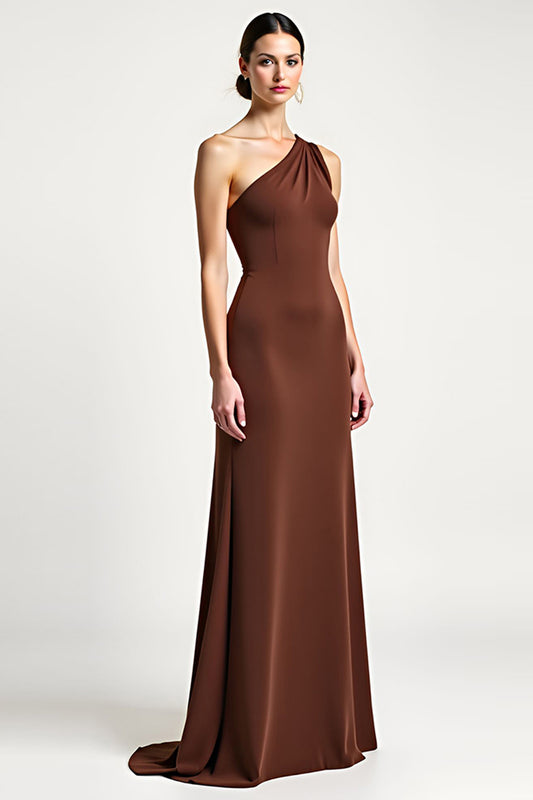 Brown Sheath One Shoulder Long Formal Dress with Bow