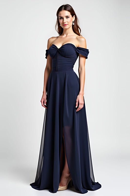 Navy A Line Chiffon Long Wedding Guest Dress