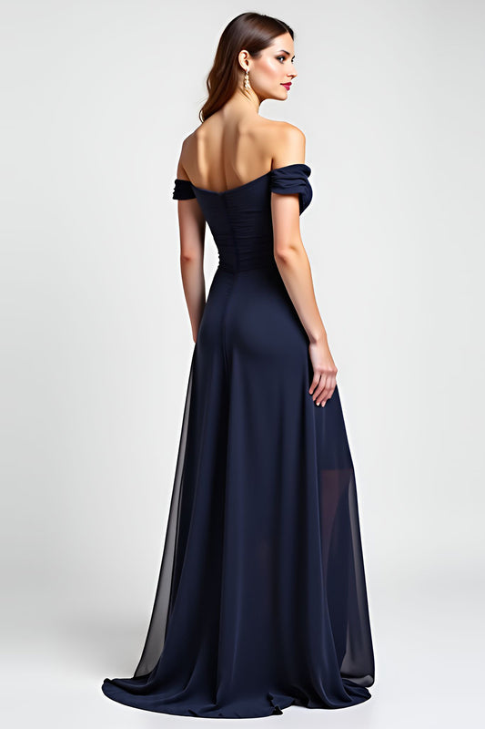 Navy A Line Chiffon Long Wedding Guest Dress