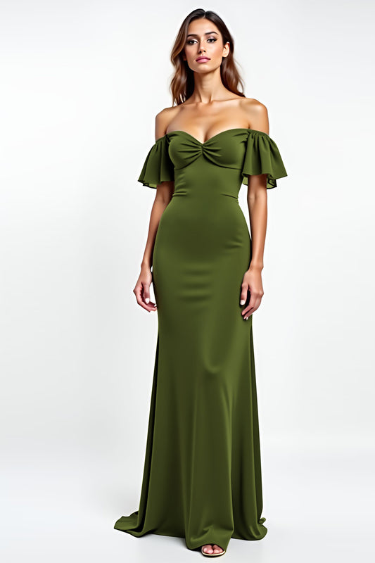 Sheath Olive Backless Long Wedding Guest Dress