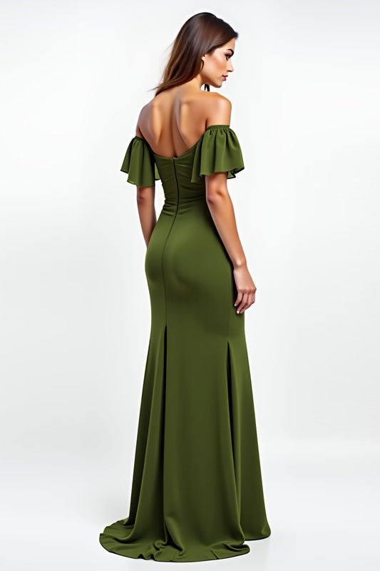 Sheath Olive Backless Long Wedding Guest Dress