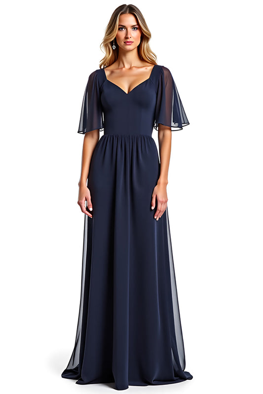 Navy Short Sleeves Sheath Long Mother Of Bride Dress