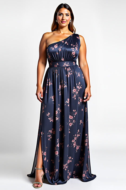 One Shoulder Navy Flower Long Wedding Guest Dress with Slit