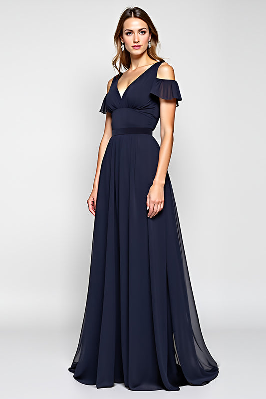 A Line Navy Cold Shoulder Long Wedding Guest Dress