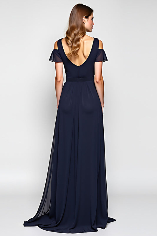 A Line Navy Cold Shoulder Long Wedding Guest Dress
