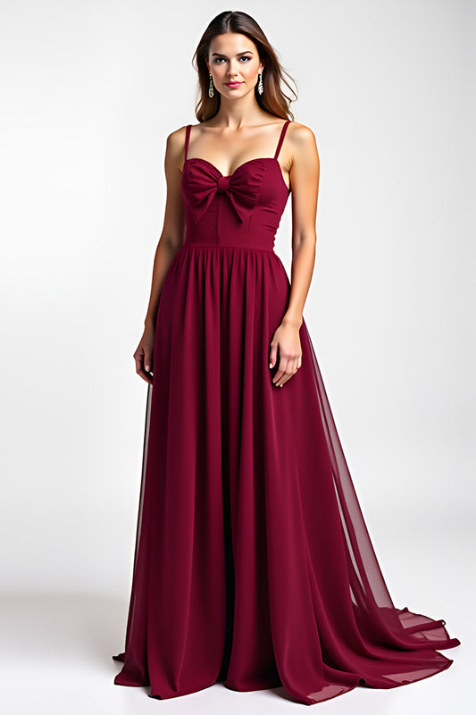 Burgundy Spaghetti Straps Chiffon Long Wedding Guest Dress