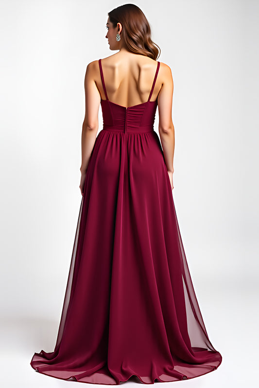 Burgundy Spaghetti Straps Chiffon Long Wedding Guest Dress