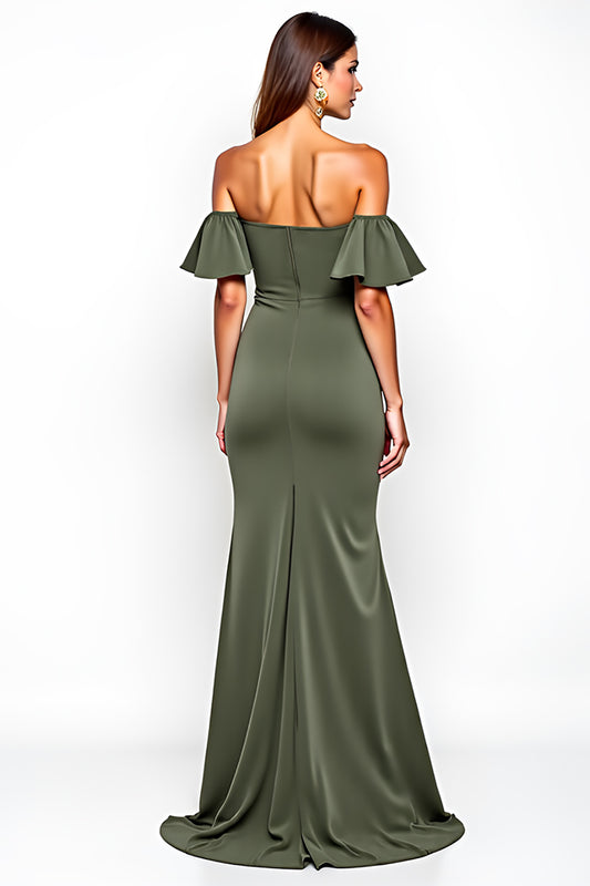 Olive Off the Shoulder Sheath Long Wedding Guest Dress with Slit