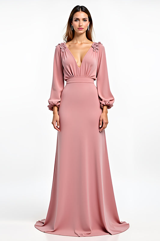 Dusty Rose Deep V-Neck Wedding Guest Dress with Long Sleeves
