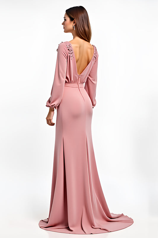 Dusty Rose Deep V-Neck Wedding Guest Dress with Long Sleeves
