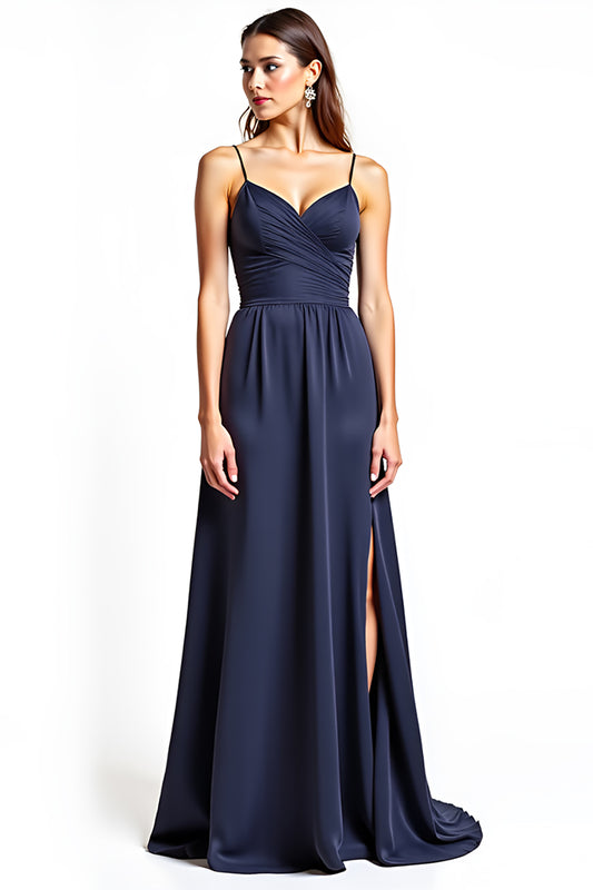 Spaghetti Straps Navy A Line Long Wedding Guest Dress with Slit