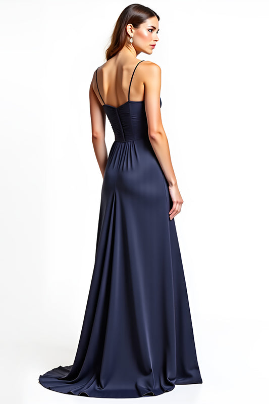 Spaghetti Straps Navy A Line Long Wedding Guest Dress with Slit